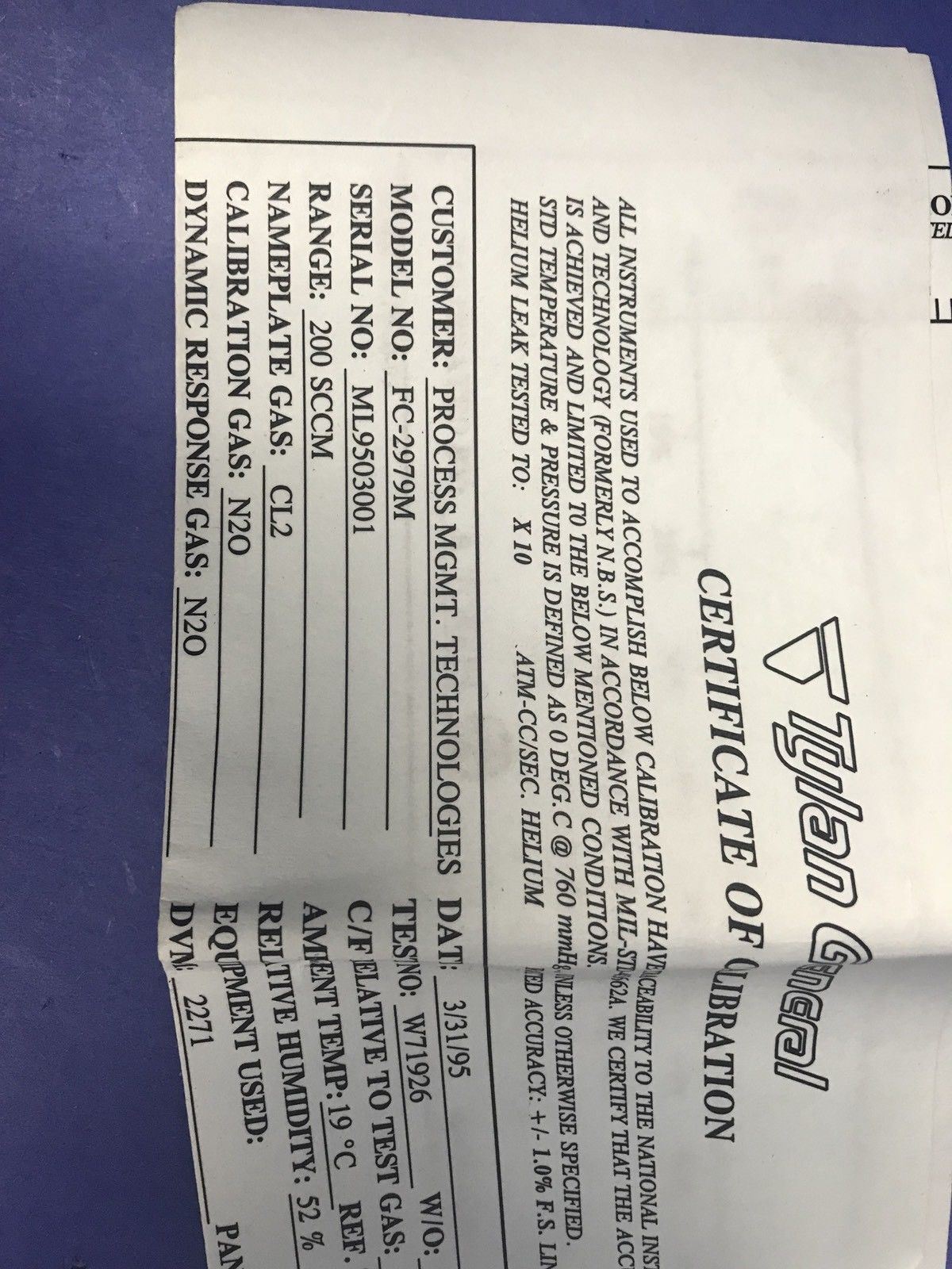 Tylan 2900 MFC Mass Flow Controller CL2, 200 SCCM, Block Mount, Rfrb