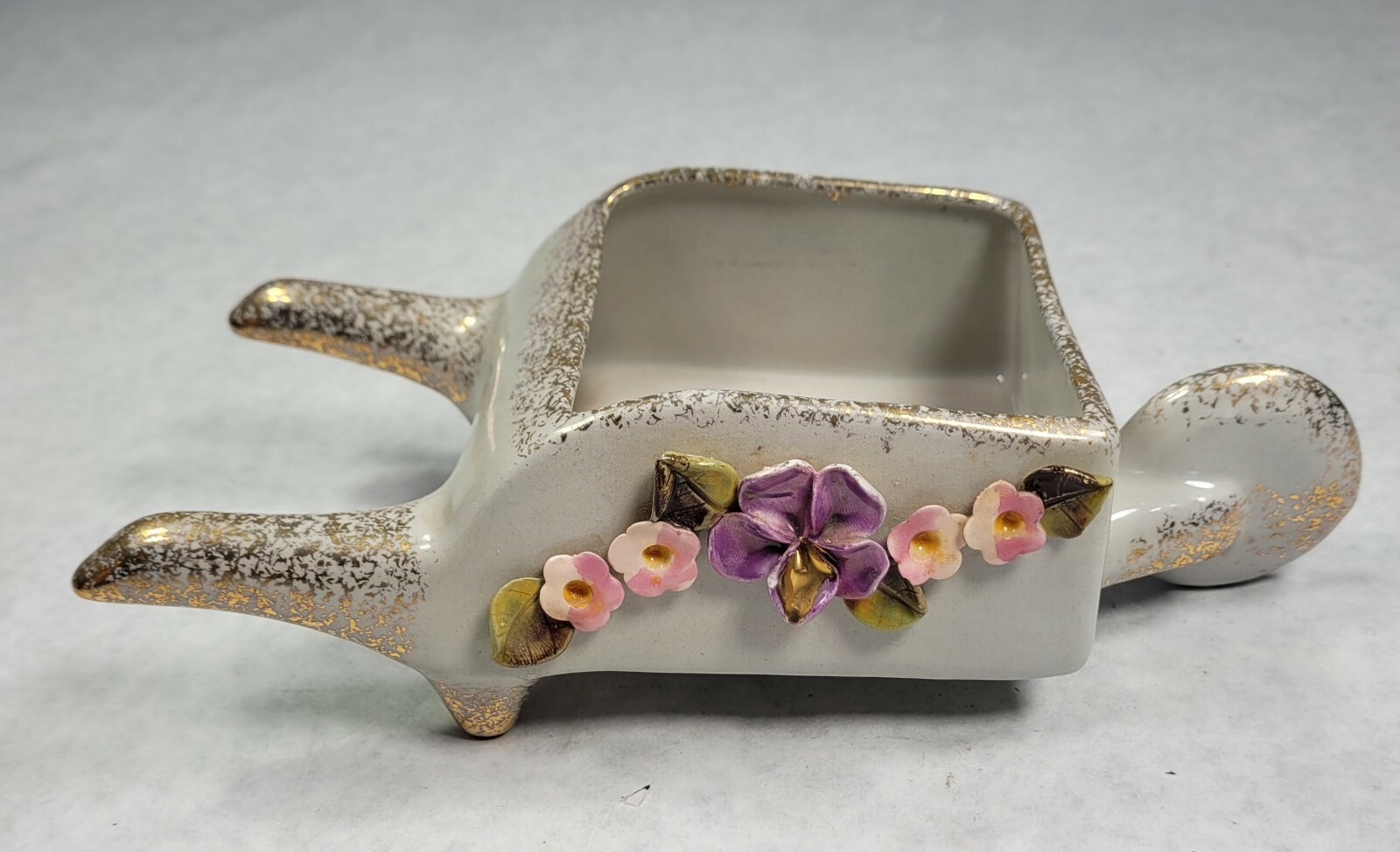 Vintage CHIC Ceramics Wheel Barrel Flowers Figurine Great For Succulents