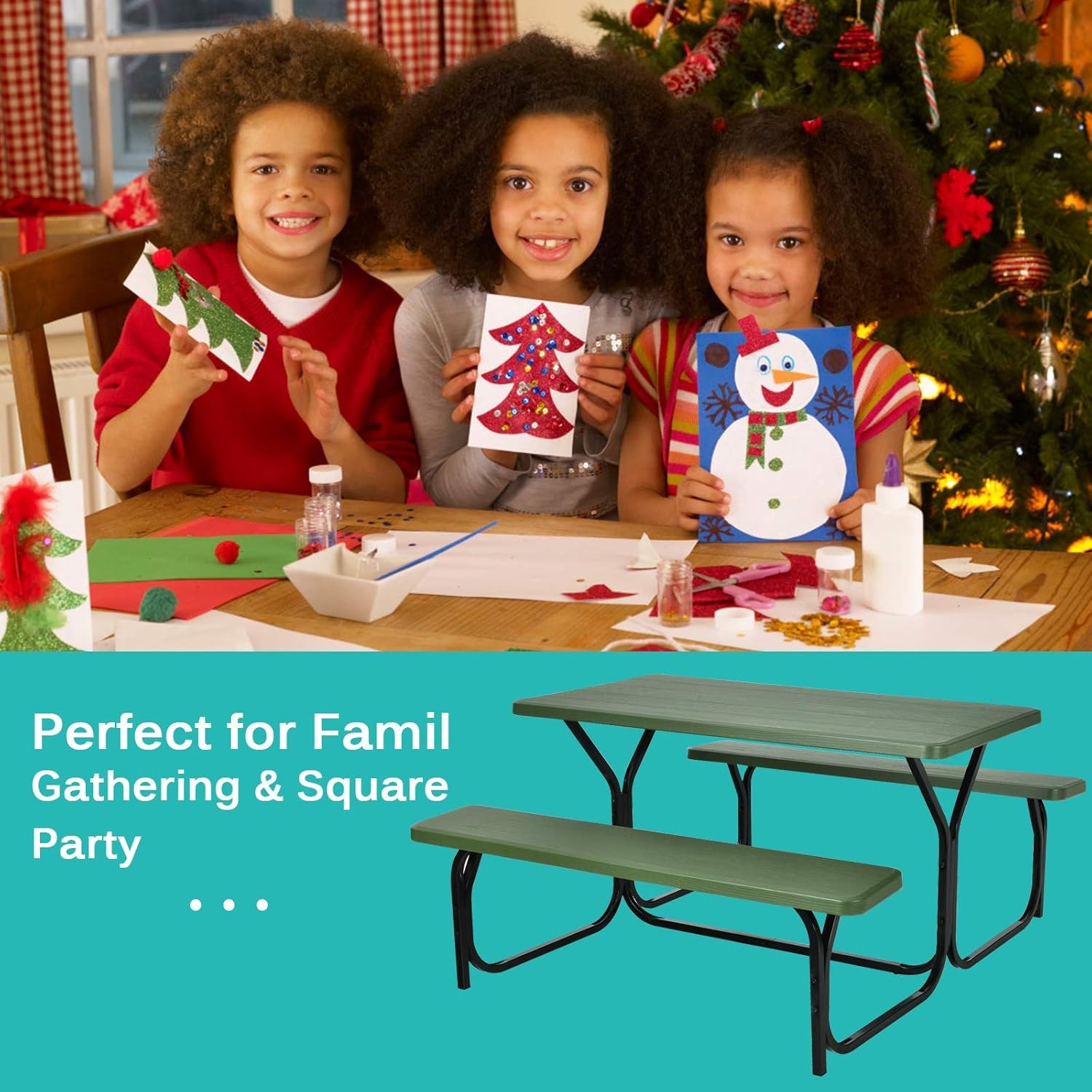 Picnic Tables, Rectangular Picnic Table with Steel Frame, 2 Benches Set, HDPE