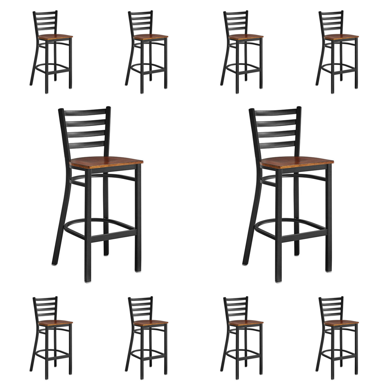 10 PACK Black Ladder Back Metal Restaurant Bar Stool With Walnut Wood Seat