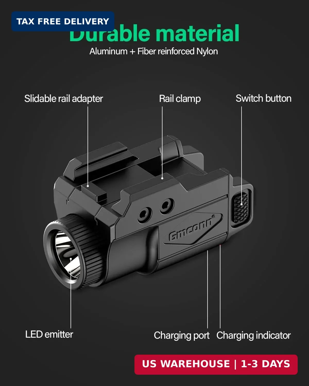 700 Lumen Pistol Light, Compact Adjustable Rail Mounted Flashlight Mini W