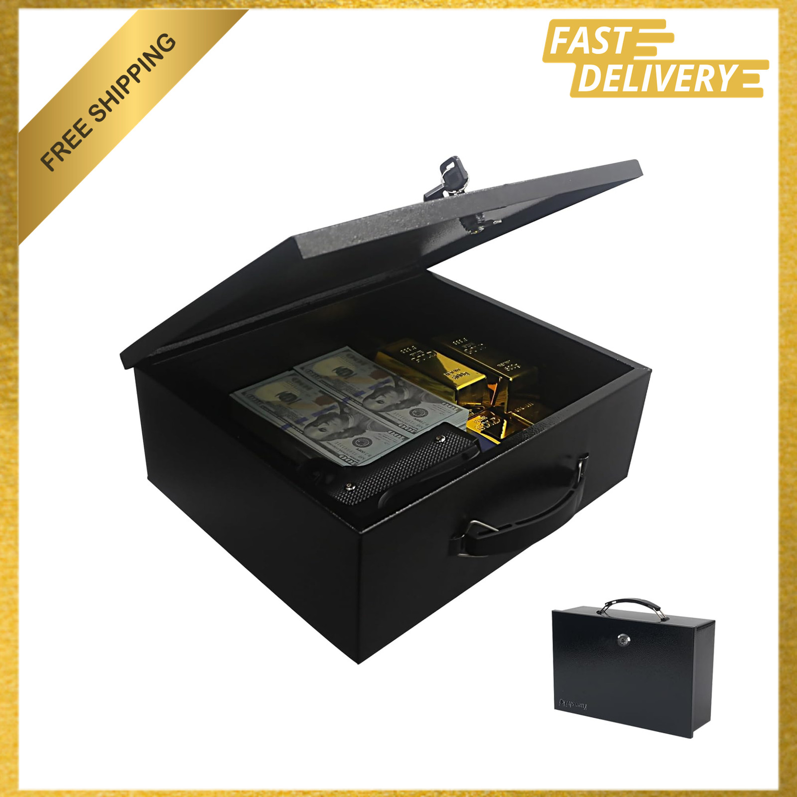 Fireproof Steel Security Safe Box, 0.38 Cu Ft, Black, Portable, 13.2 W x 11 D x