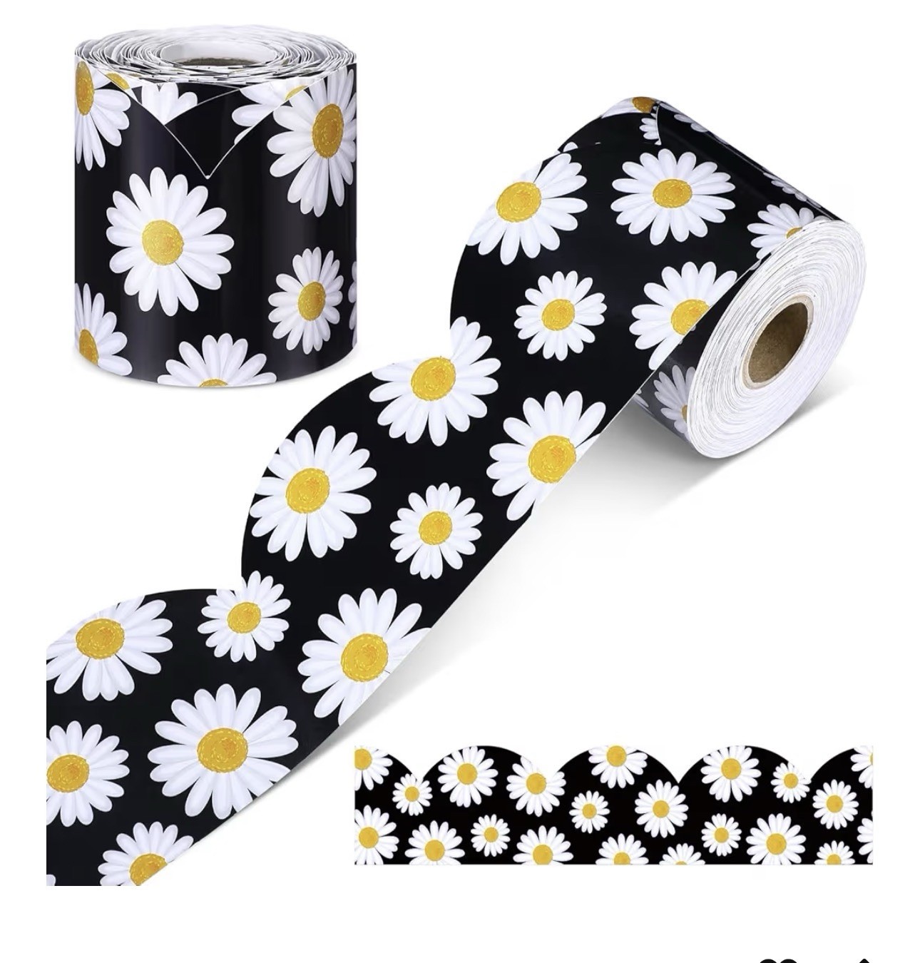 Daisy Bulletin Board Border Black Boho Daisy 2 Roll 65 Feet Long Each. 130 Total