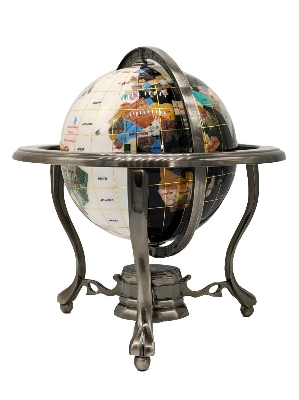 Special 10" Tall White Jade and Black Onyx Ocean Table Top Gemstone World Globe
