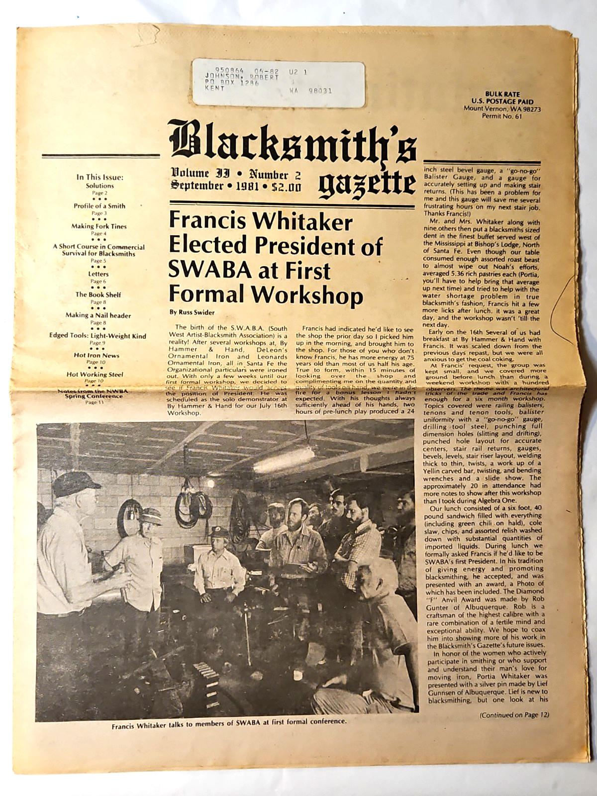 Blacksmith's Gazette Newspaper Mt. Vernon, WA Volume II Number 2 Sept 1981 Ppd2U