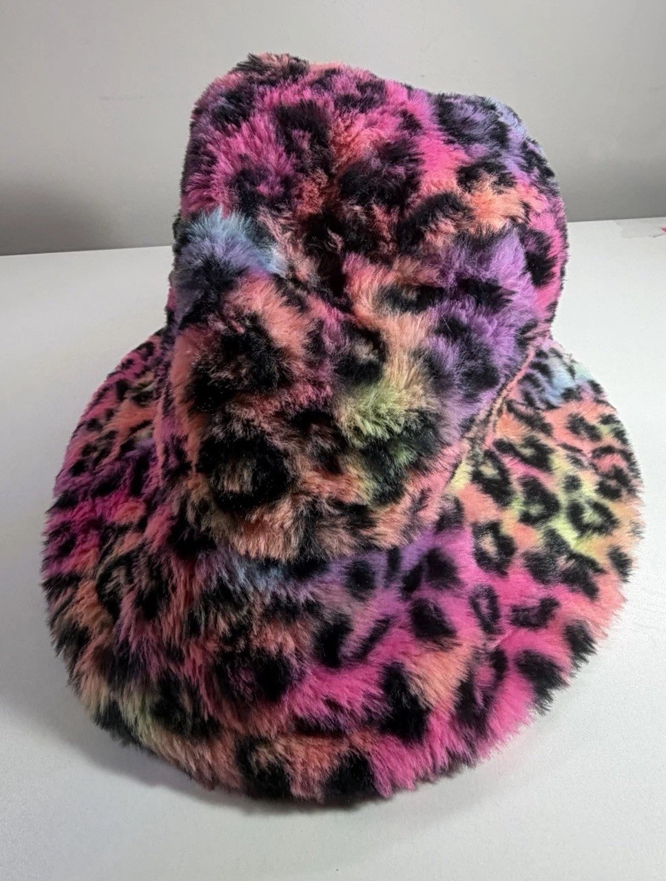 Multicolor Faux Fur Leopard Print Bucket Hat Wide Brim Fur Trim UNISEX One Size