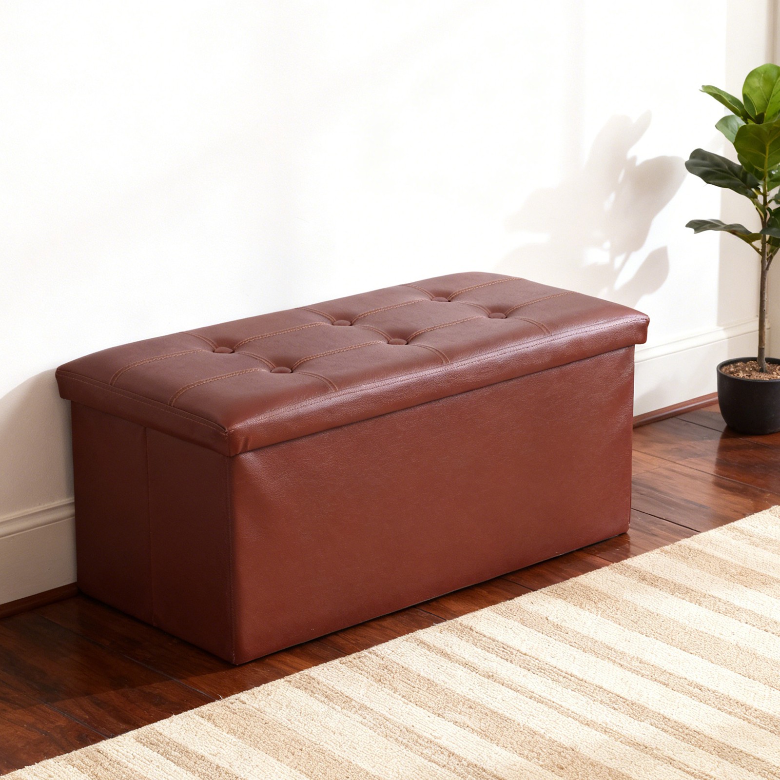 Brown Sturdy Ottomans Foot Bench Foldable Storage Footstools Spacious Organizer