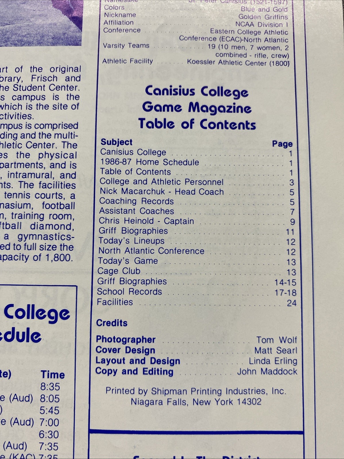 RARE 1987 NCAA Basketball Program Canisius Buffalo Northwestern Buff State