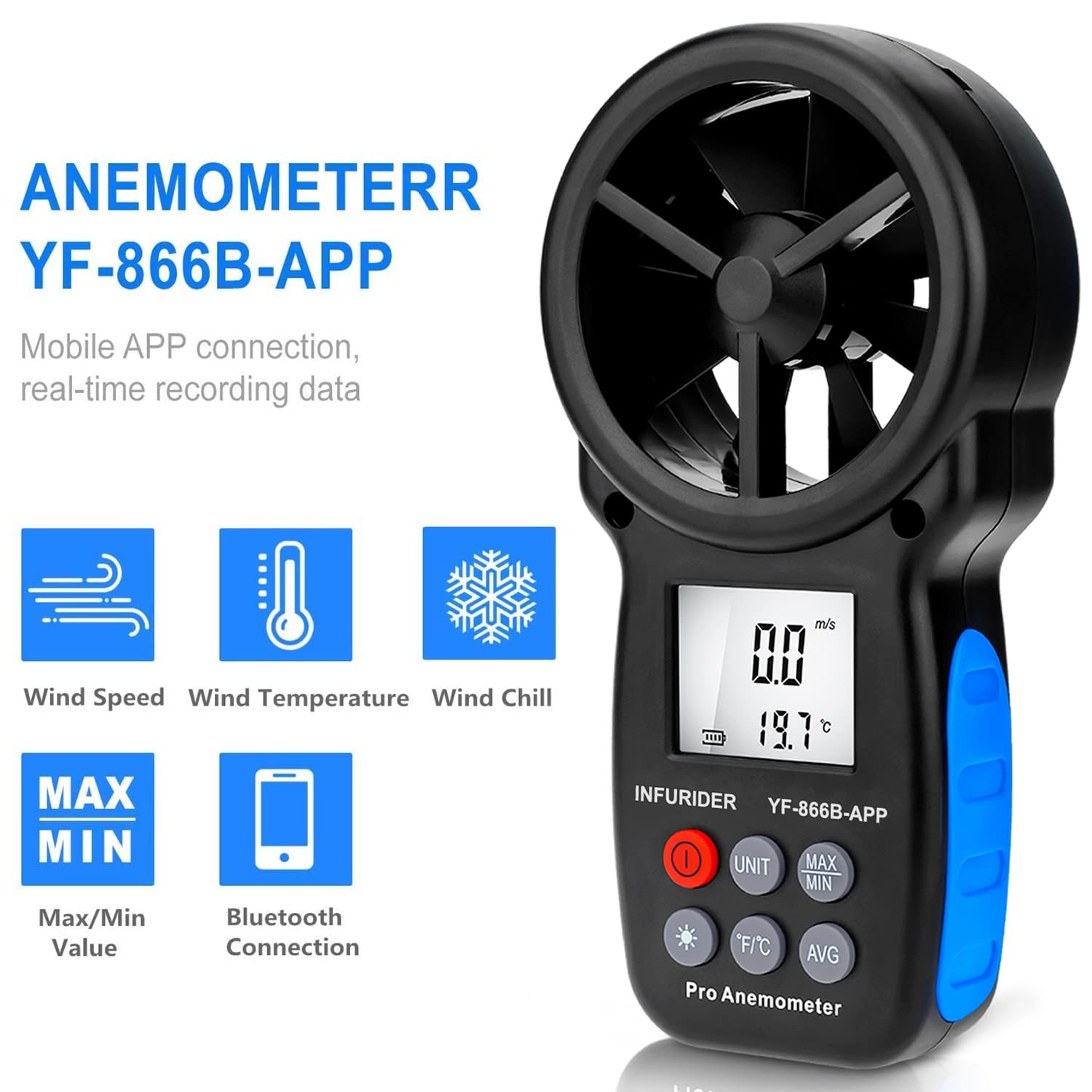 Digital Wireless Anemometer with APP via Bluetooth, Handheld Wind Speed Meter...
