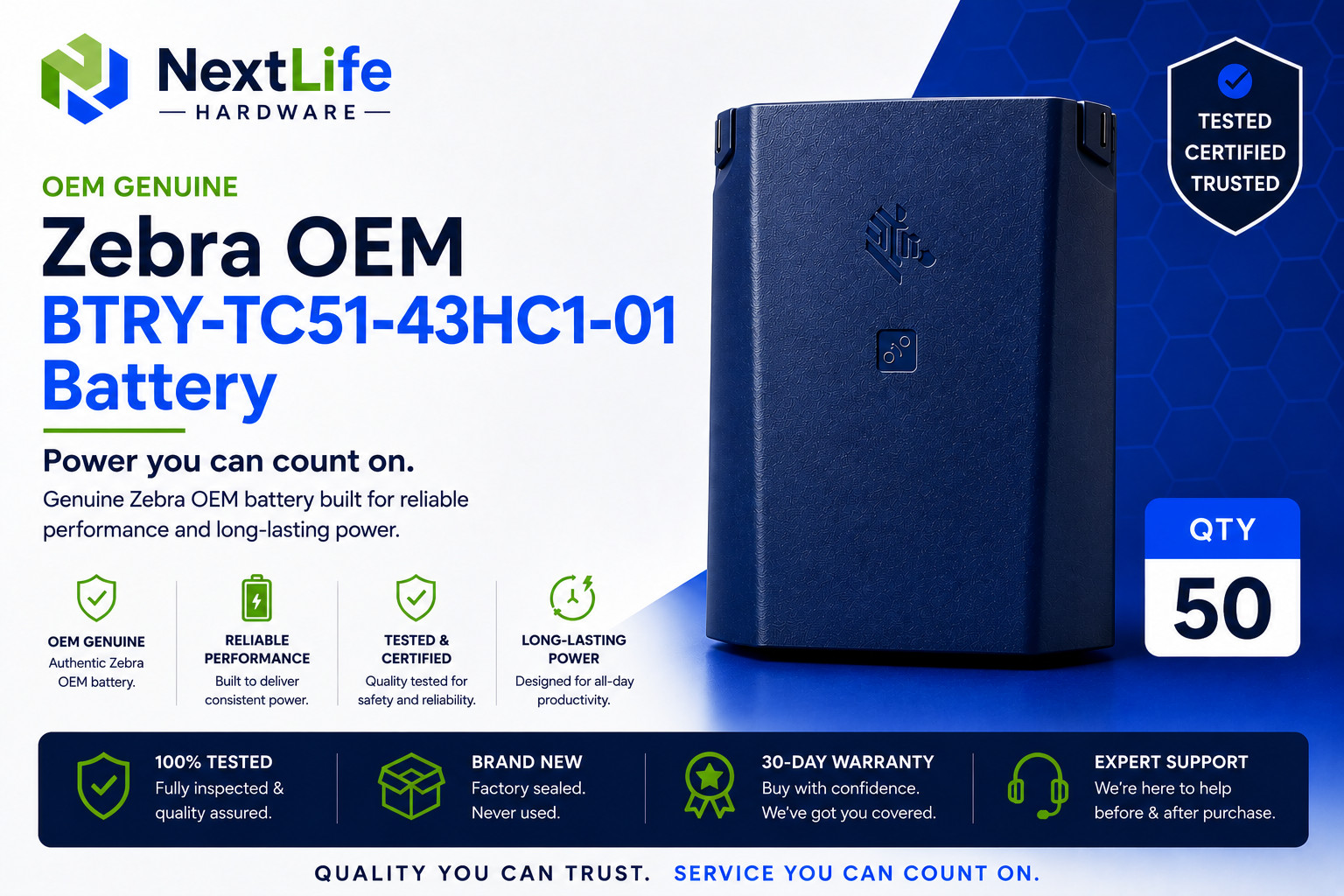 50 Zebra OEM BTRY-TC51-43HC1-01 Battery BT-000314 TC51 TC52 TC56 TC57 TC510