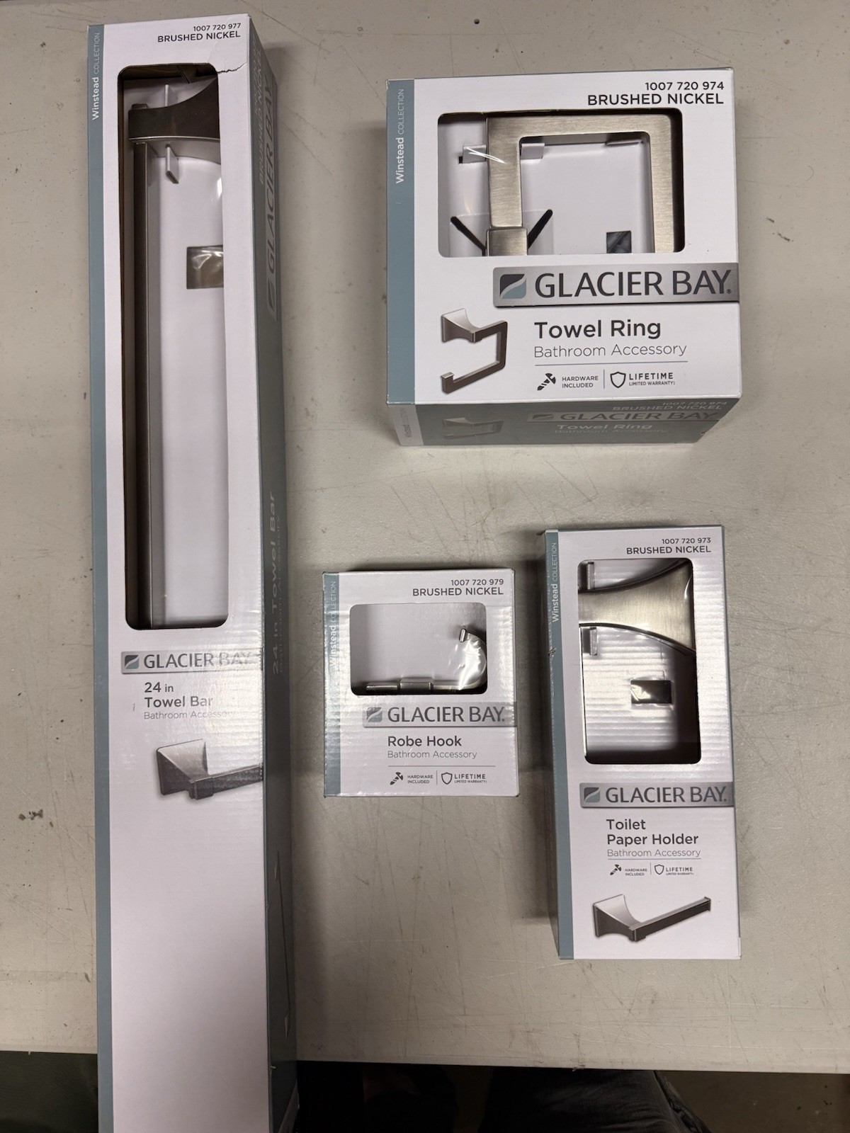 Glacier Bay Winstead 4-Piece Bath Hardware Set TP Holder, Hook, Bar, Towel Ring