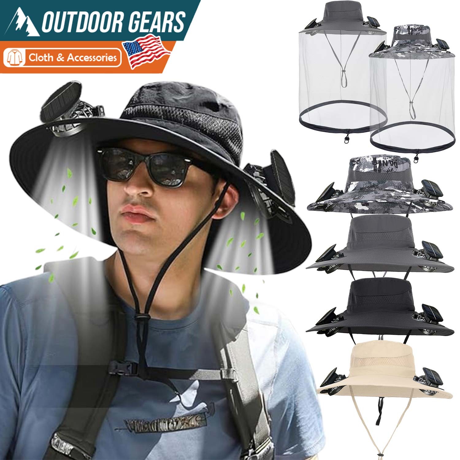 Outdoor Wide Brim Sun Hat with Solar Fan UV Protection Hiking Camping Fishing