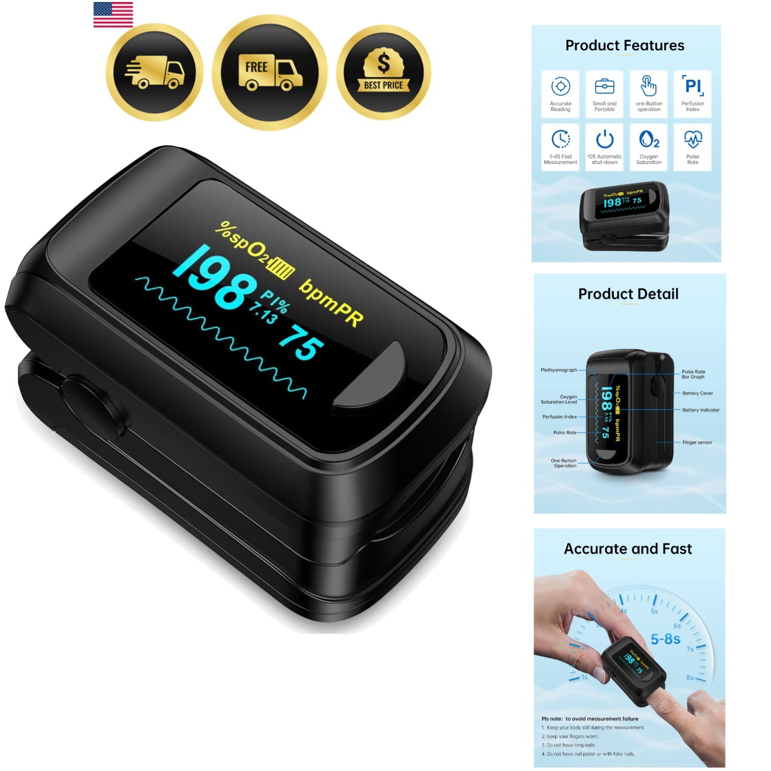 Fingertip Pulse Oximeter Blood Oxygen Monitor Pulse Ox, Heart Rate monitor an...