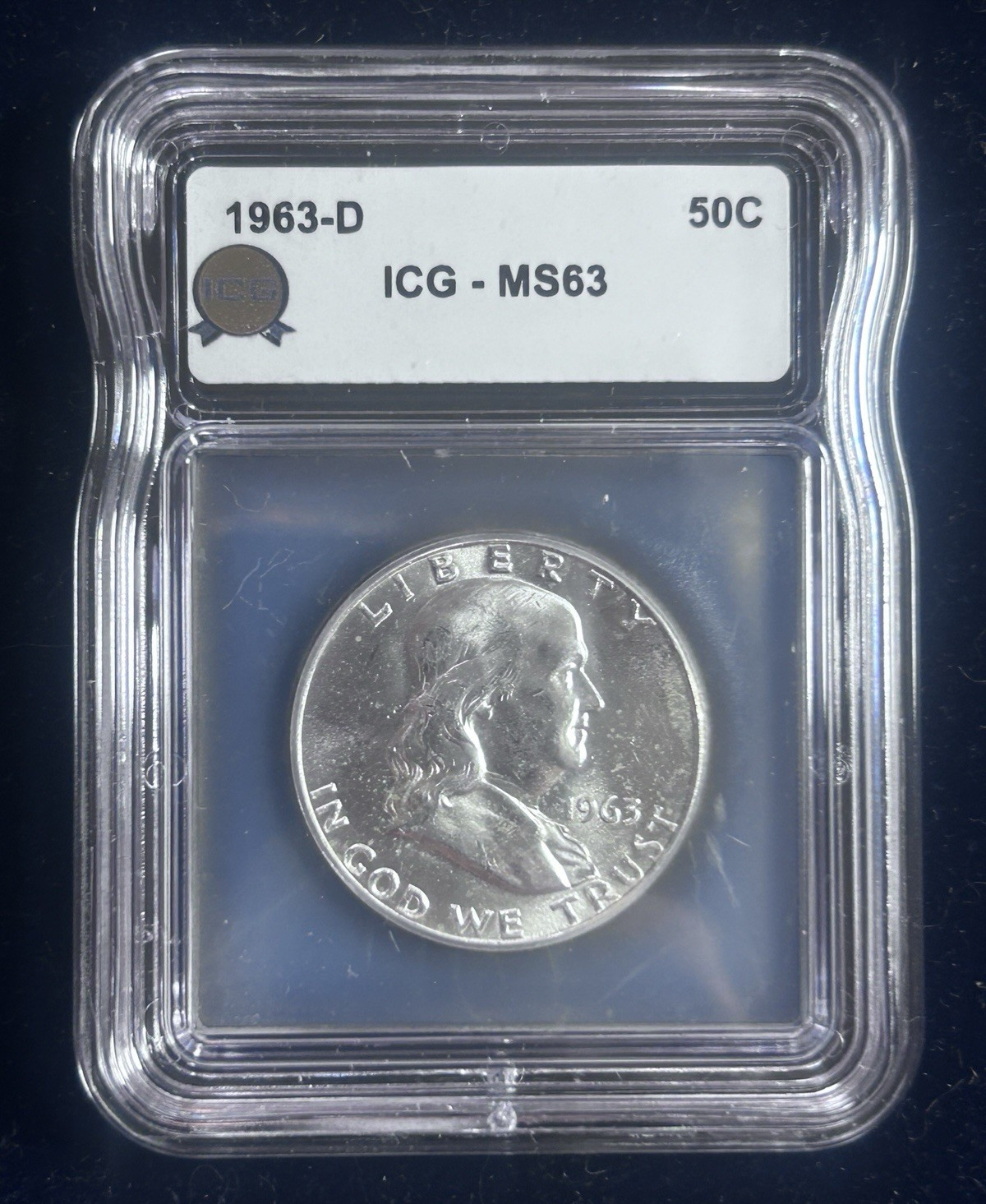 1963-D Franklin Half Dollar 50C, 90% Silver, Business Strike, ICG MS63