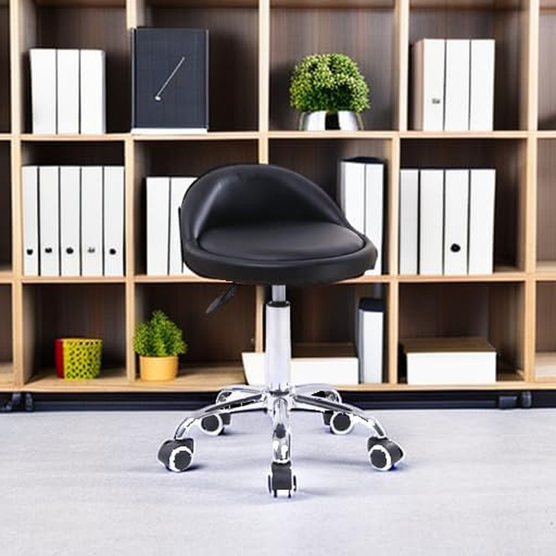 PU Leather round Rolling Stool with Back Rest Height Adjustable Swivel Drafting