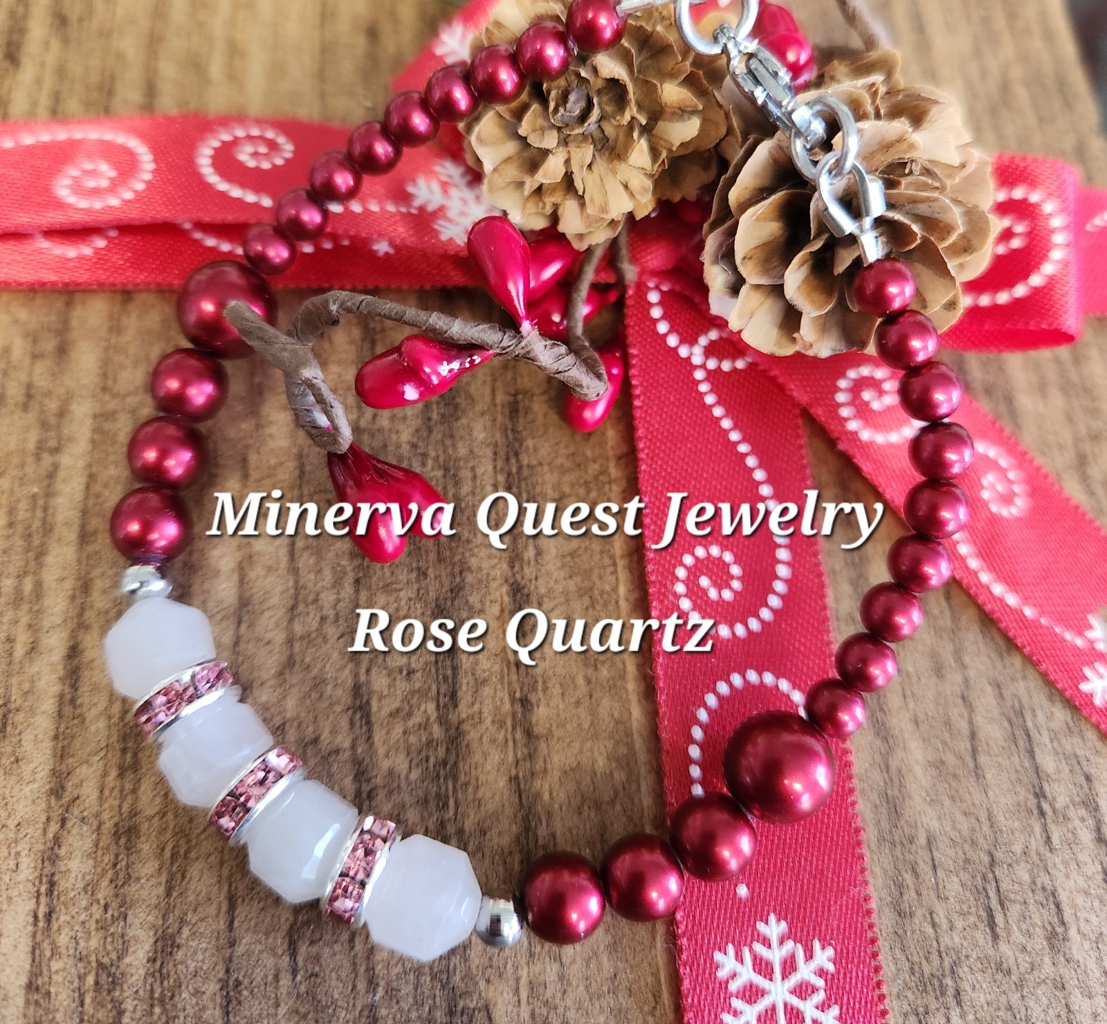Handmade Artisan Rose Quartz Rondelle Bead Glass Rhinestone Bracelet. #1440
