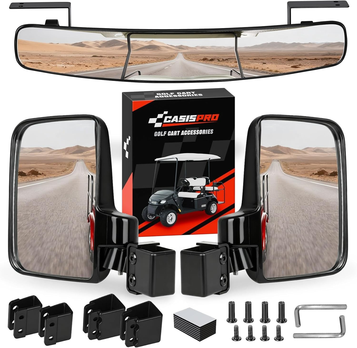 No Drill Golf Cart Side & Rear View Mirror Kit for EZGO Club Car Yamaha HD Glass