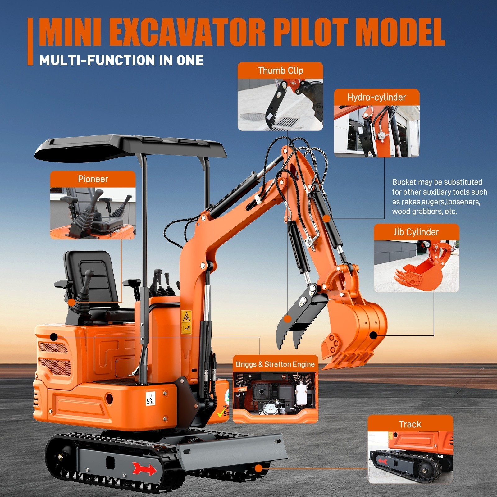 1 Ton Mini Excavator Orange B&S Engine Hydraulic System, USA STOCK, TX