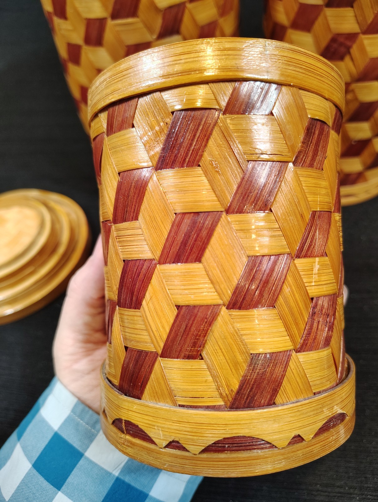 VTG, Woven Bamboo, Nesting Containers W/ Lids, Geometric, Baskets, Storage, Art