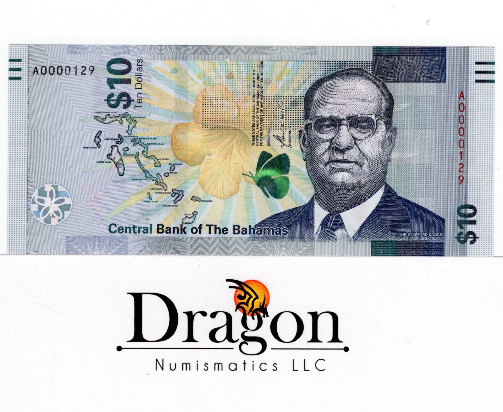 Bahamas, 10 Dollars 2022 series. CRISP Evolution bill note LOW SERIAL #129 UNC