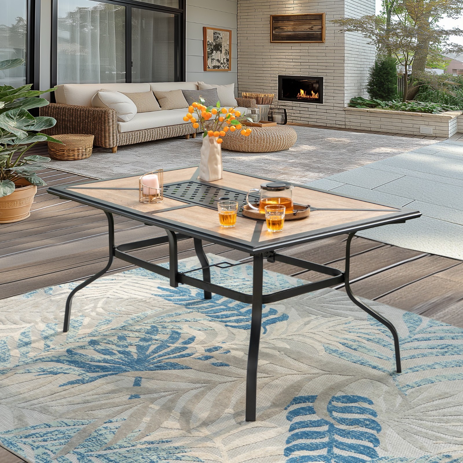 Patio Dining Table with Umbrella Hole Rectangular Outdoor Table for 6 Person