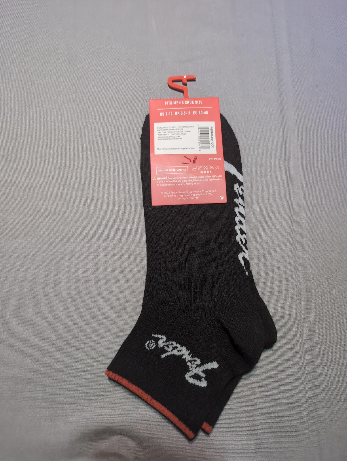 Fender Socks Mens Size 7-12 Black Low Cut Logo Official Band Musician Gift Pair