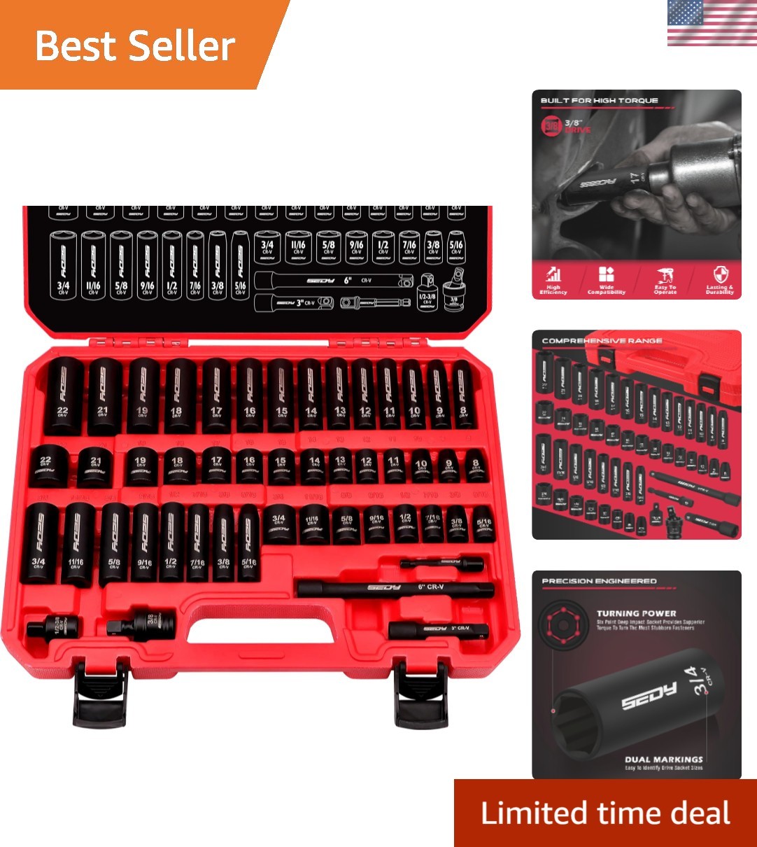 3/8" Drive Impact Socket Set - 49-Piece SAE 5/16 to 3/4 inch and Metric 8-22m...