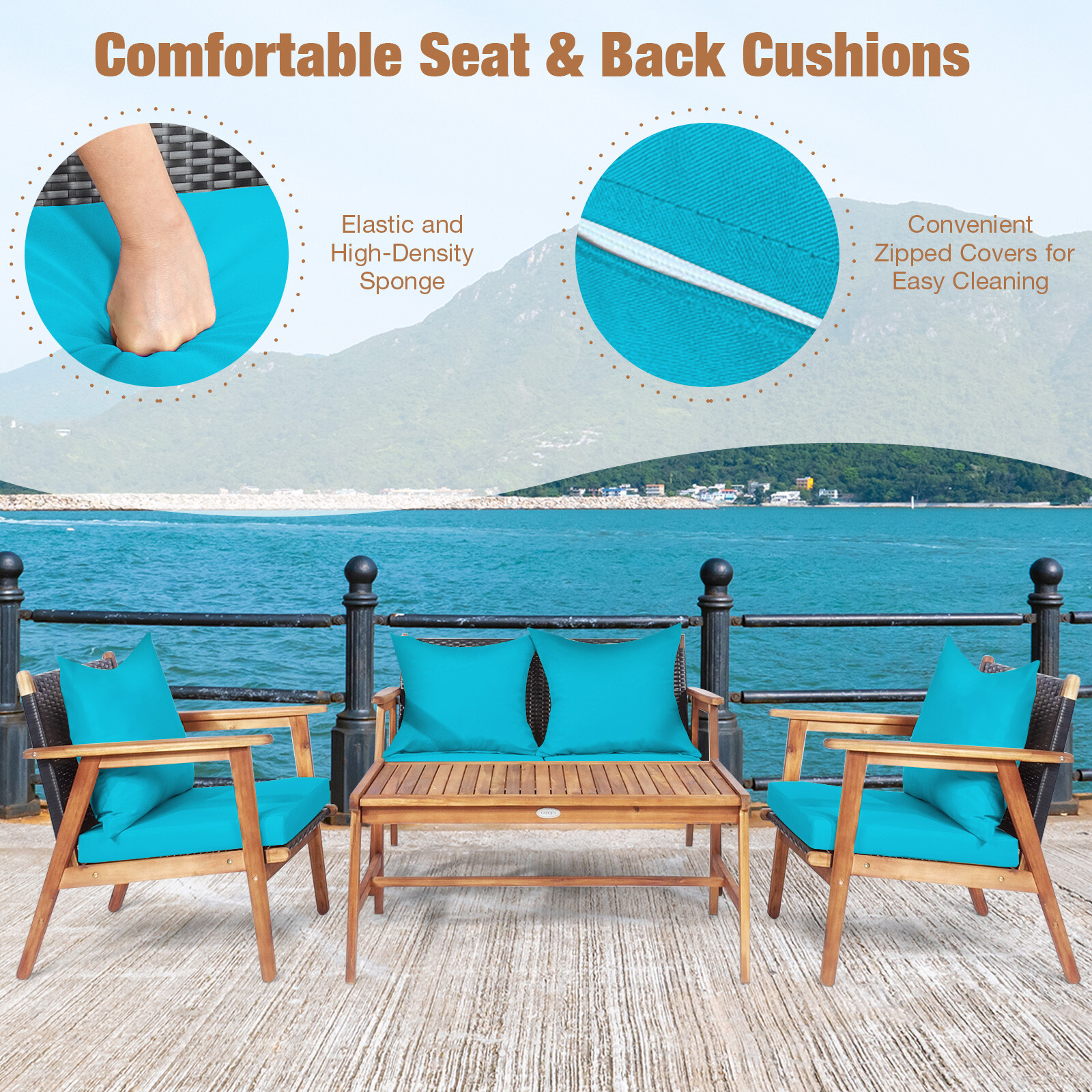 Patiojoy 4PCS Patio Rattan Furniture Set Wood Frame Cushioned Sofa with Coffee