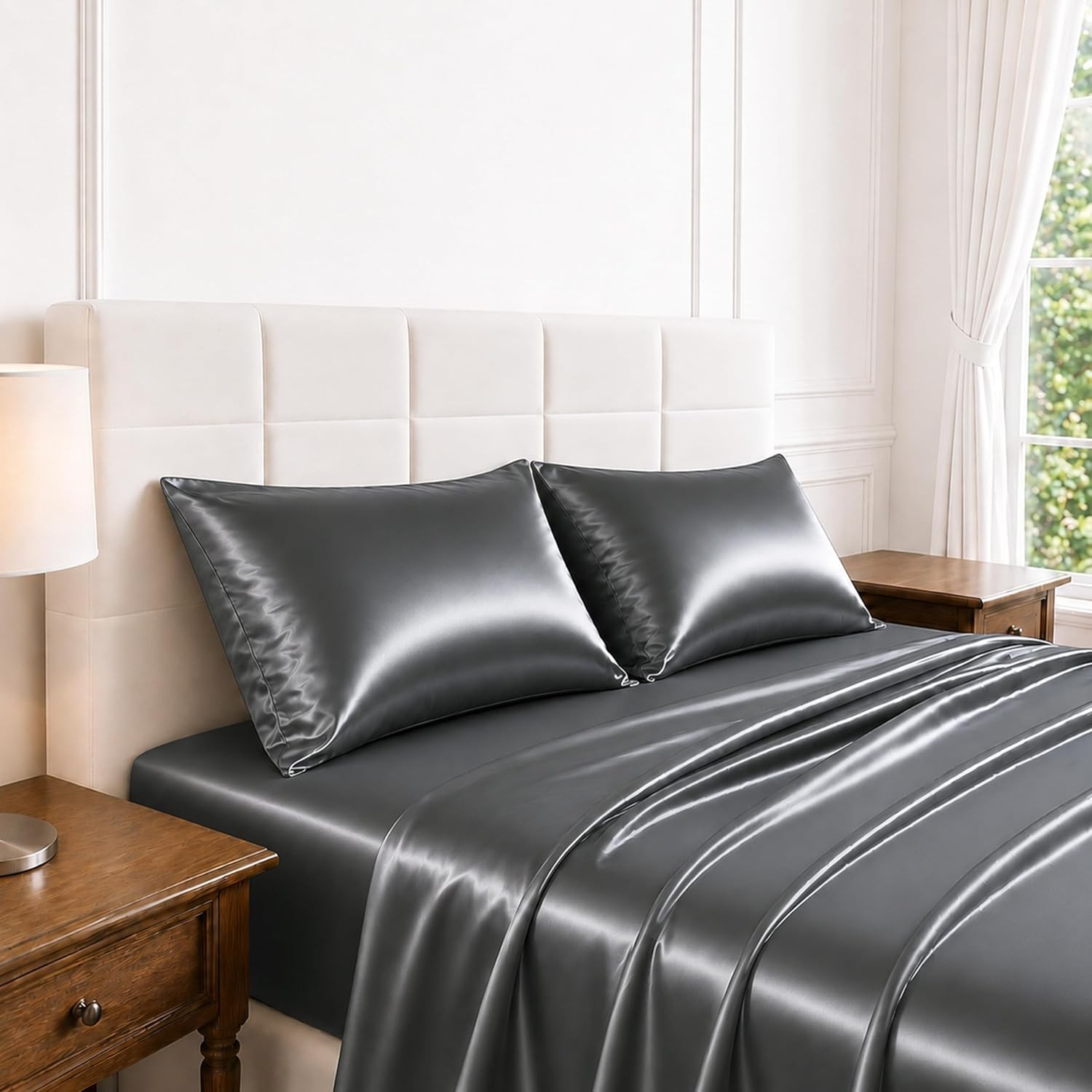 Full Size Satin Sheets 4 Piece Silky Bed Sheet Set W/ Smooth Silky Surface