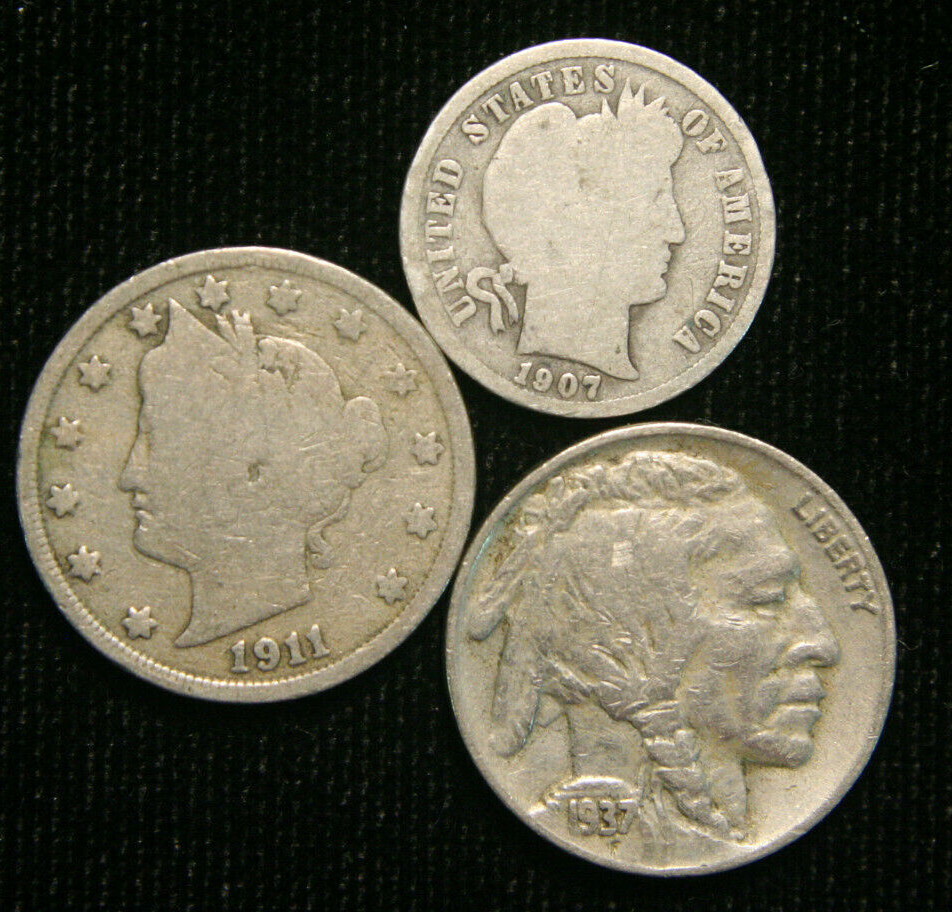 Old US Coin Estate Lot Barber Dime Liberty Nickel Buffalo Nickel 3 Coin Set