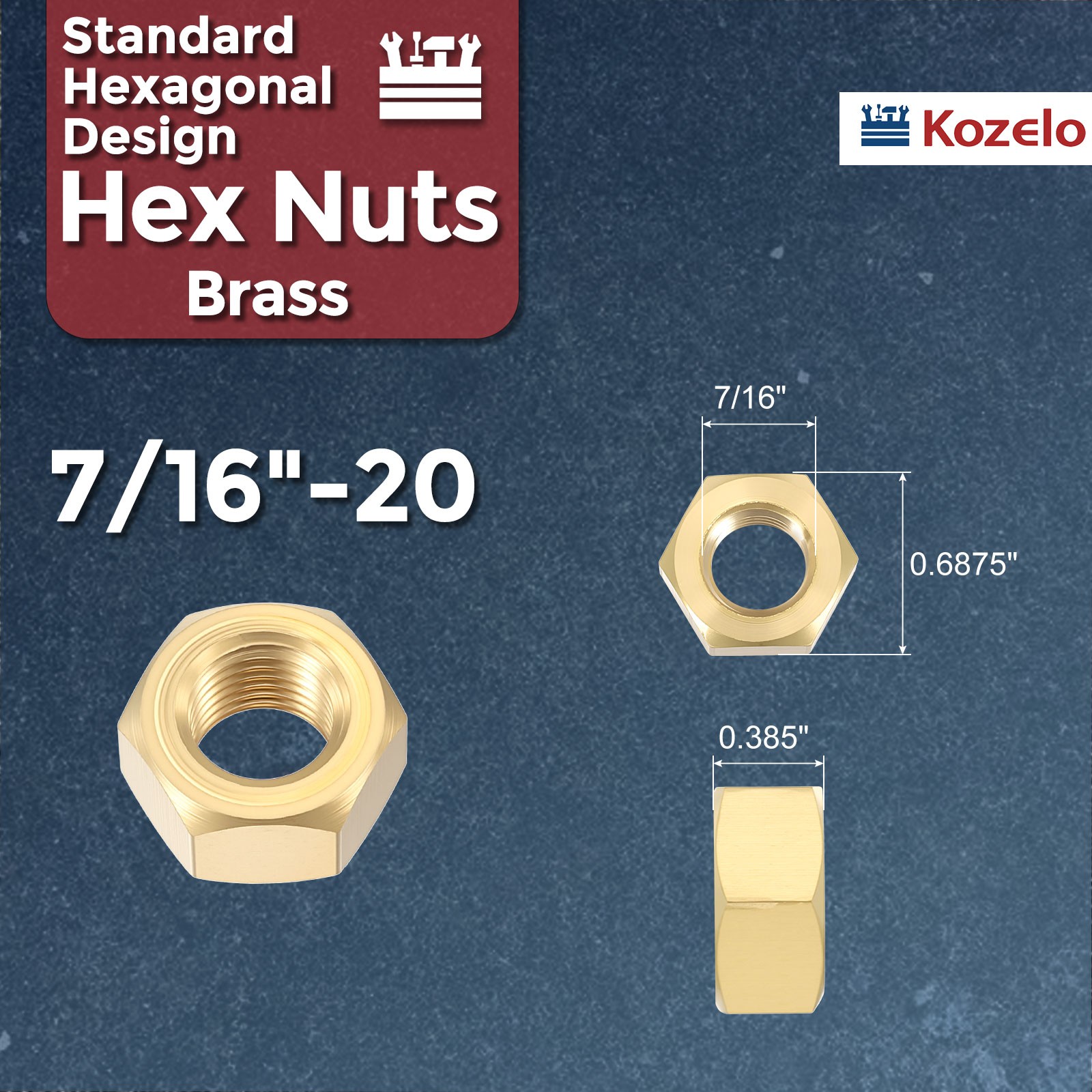 10pcs Hex Nuts - [7/16"-20] Brass Hardware Nuts, Yellow