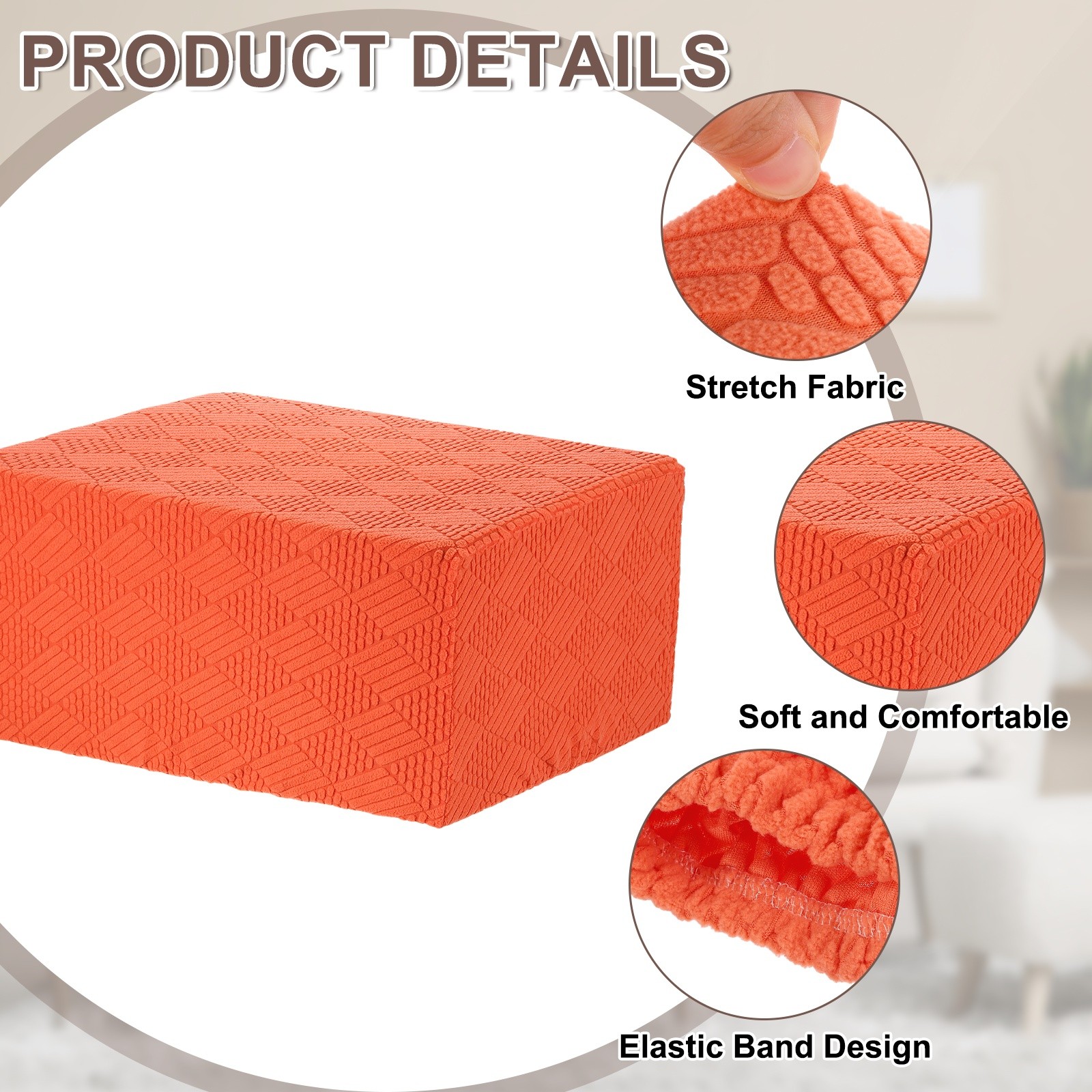 Stripe Stretch Foot Stool Cover Square Fit Length 33"-37", Large, Orange