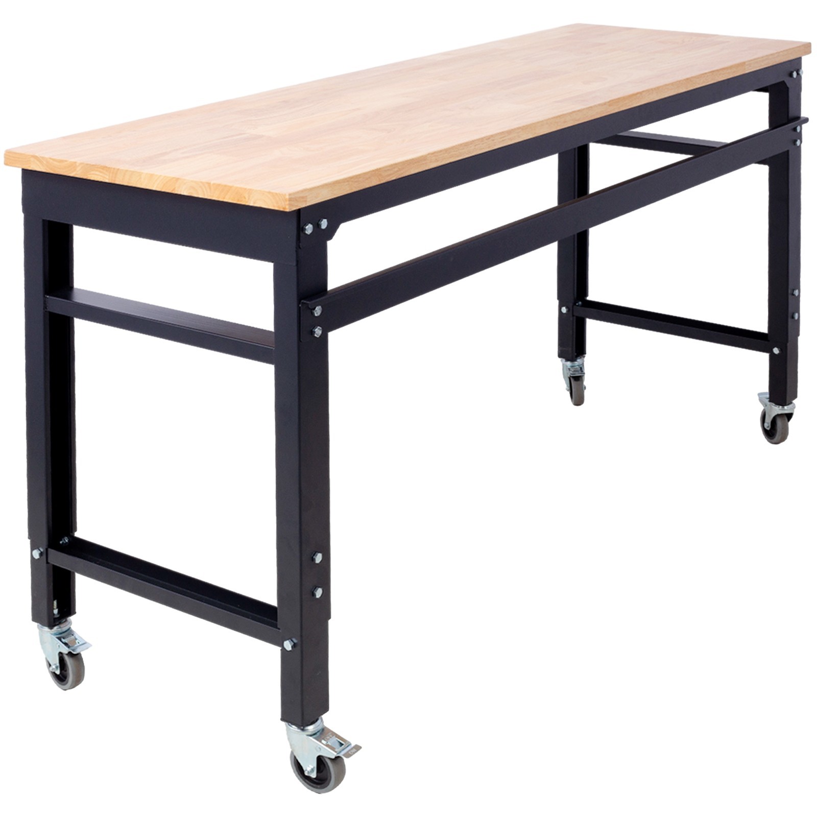 Adjustable Height 60" Rolling Workbench Metal Rubberwood Top