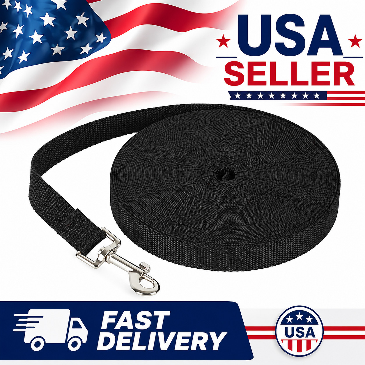 Dog Leash Lead Long Obedience Recall Training BLACK Multiple Lengths USA MADE