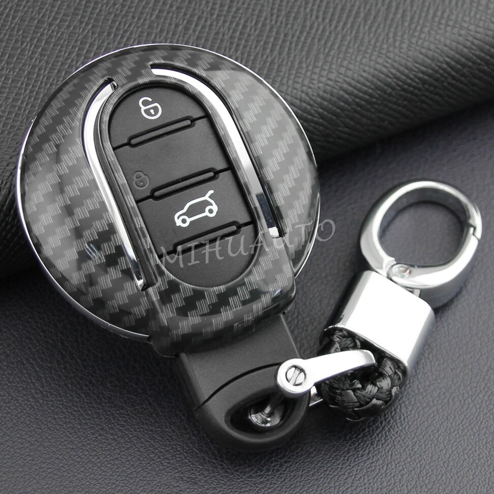 Carbon Fiber Key Fob Cover Case Chain For Mini Cooper S One Countryman Clubman