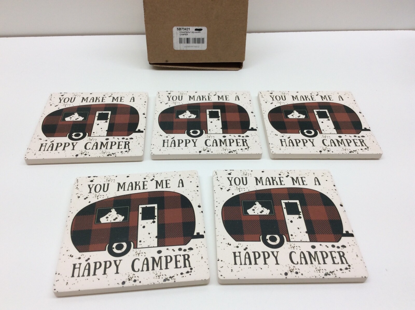 Ceramic Tile Coaster 4" Happy Camper Cork Backing Set of 5