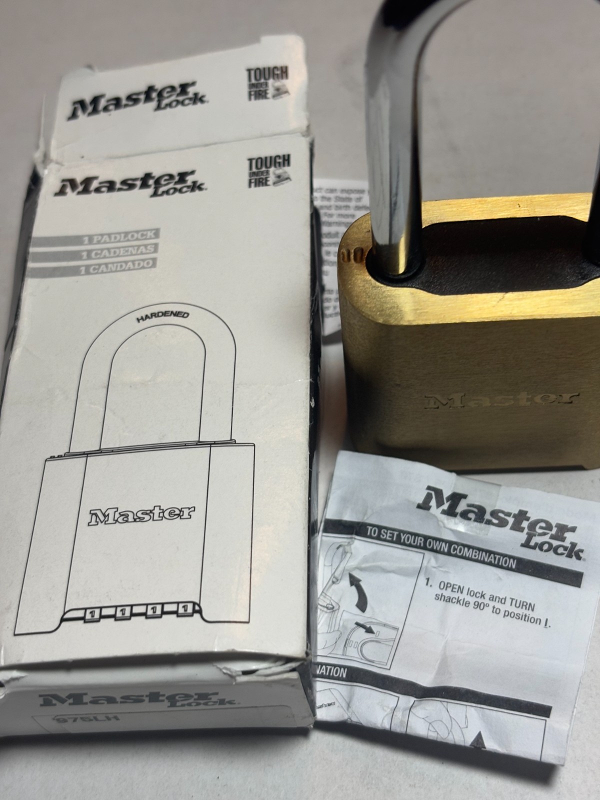 Master Lock 975LH Long Shackle Brass 4-Digit Combination Padlock New Open Box
