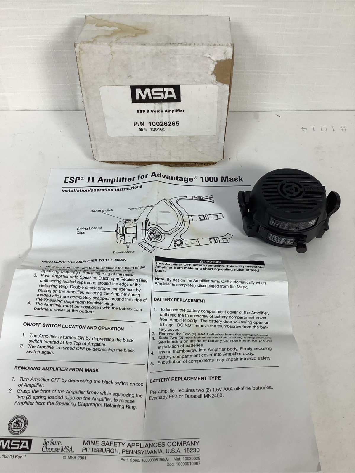 MSA ESP II Voice Amplifier 10026265 for MSA Advantage 1000 & Millennium Gas Mask