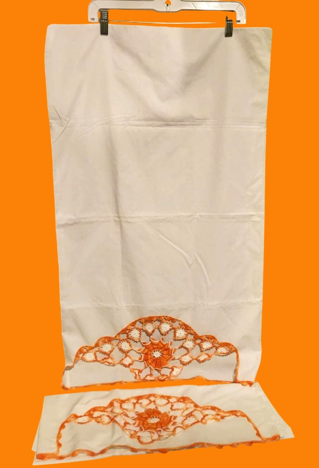 Two New Without Tags Standard Size White with Orange Crochet Pillowcases