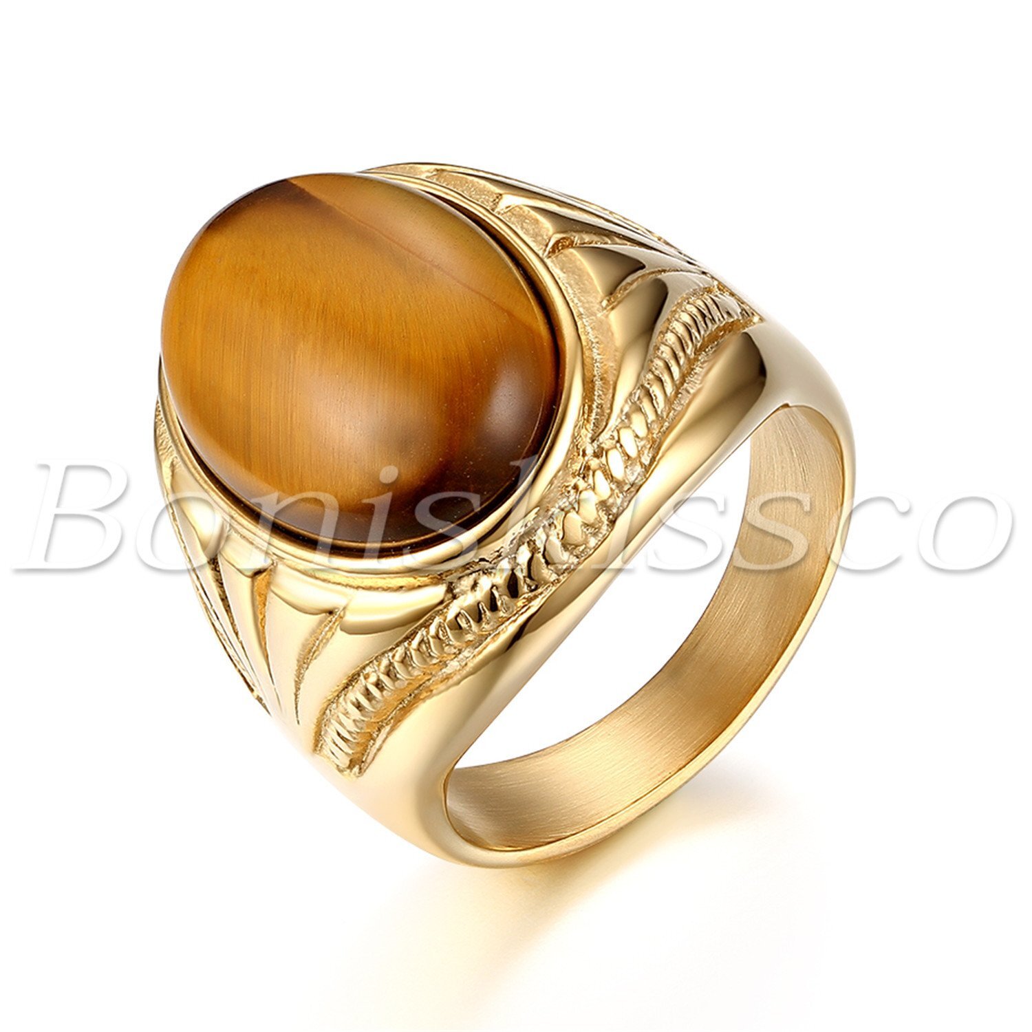 Men's Retro Gold Plated Stainless Steel Oval Tiger's Eye Stone Ring Band #7-13