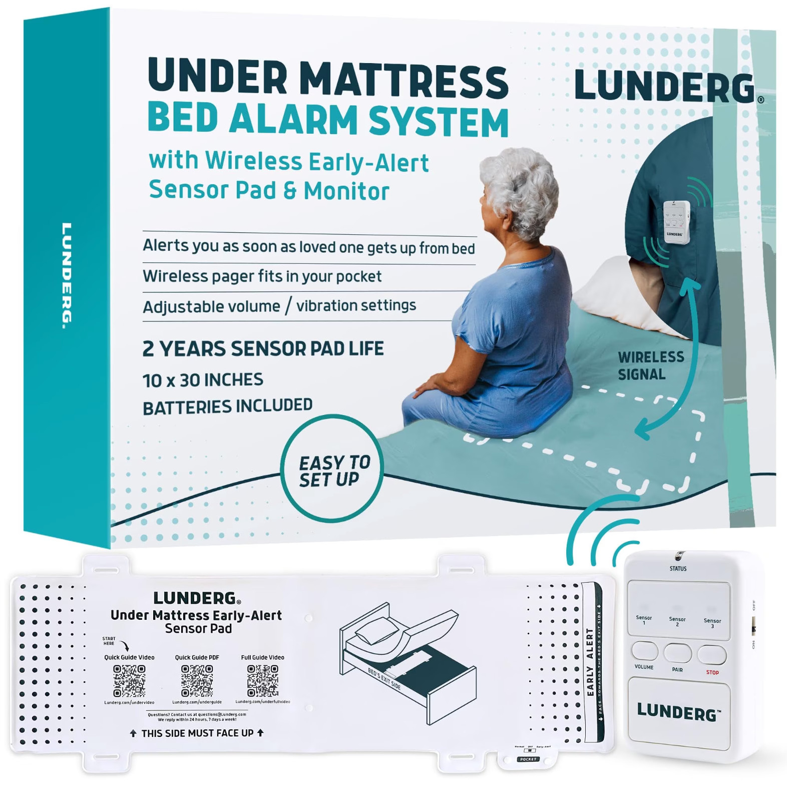 Lunderg Under Mattress Wireless Early Alert Bed Alarm Sys Sensor Pad Monitor