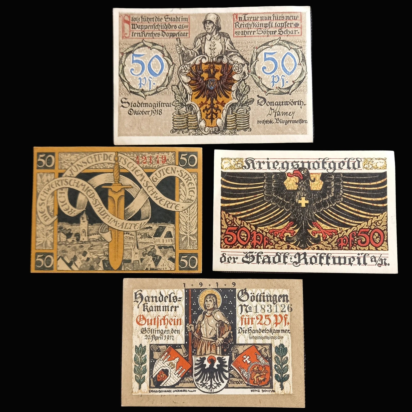Antique Banknote Notgeld 1918 Germany WWI Set Knight Sword Eagle Emergency Money
