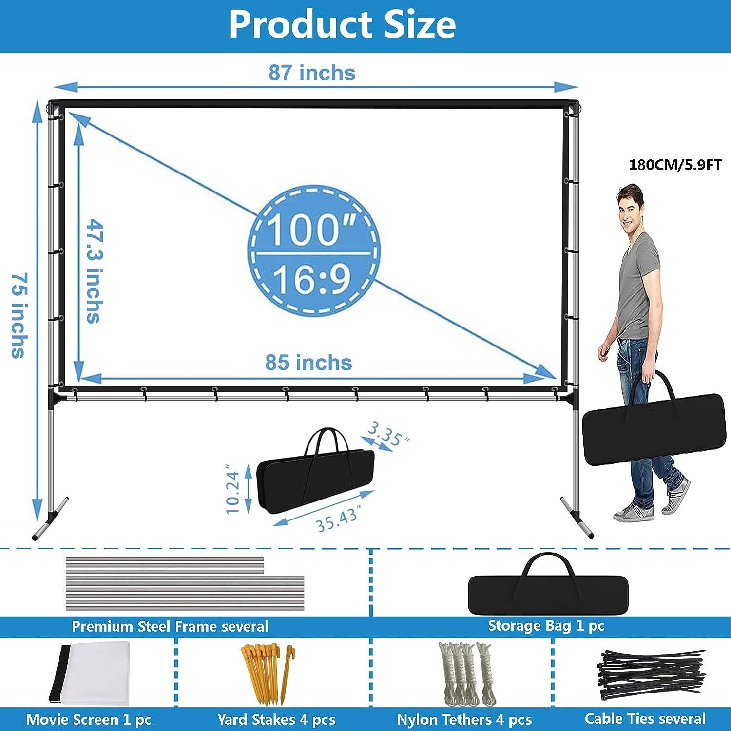 100"/120" Foldable Projector Screen with Stand 16:9 with Carry Bag