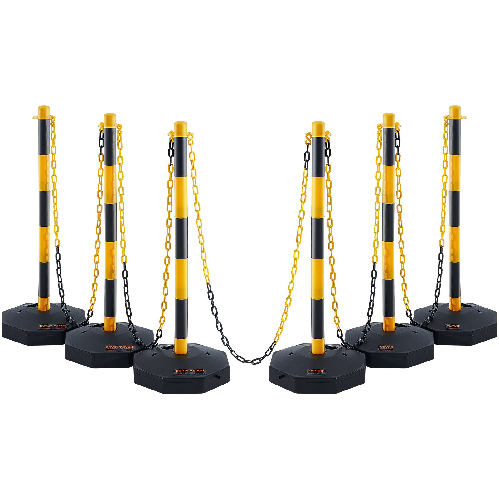 6 Pack Traffic Delineator Posts w/Base & 8FT Chain, Yellow/Black Safety Barriers
