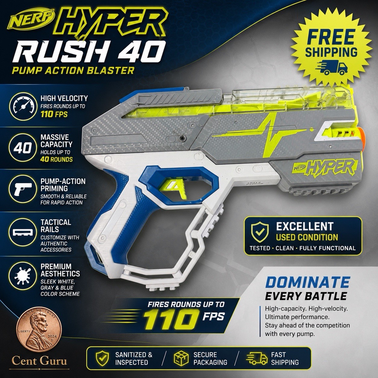 Nerf Hyper Rush 40 Pump Action Blaster White Gray Blue Excellent Used Condition