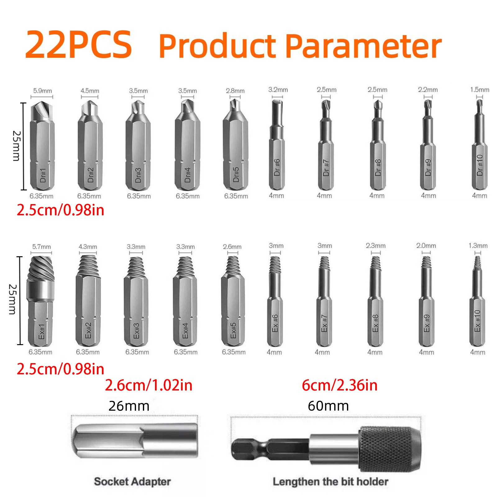 22* Broken Screw Extractor Remover Set Damaged Bolt Easy Out Stripped Drill Bit