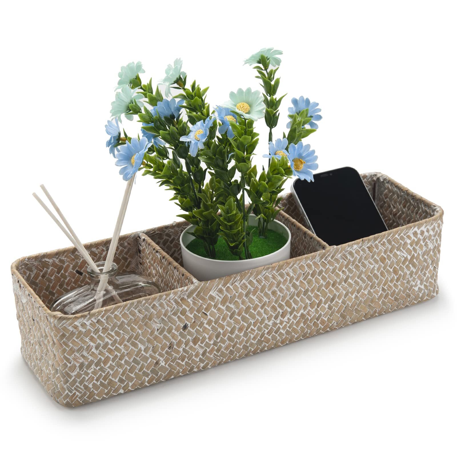 Seagrass Storage Basket 3 Sections Woven Shelf Baskets With Compartment whitewa