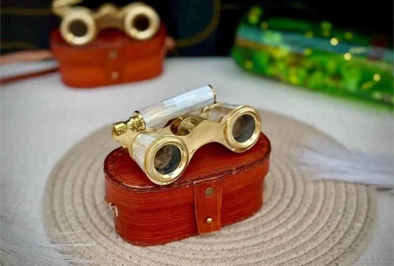 Brass Opera Glasses Mother of Pearl,Extendable Handle Custom  Leather Case