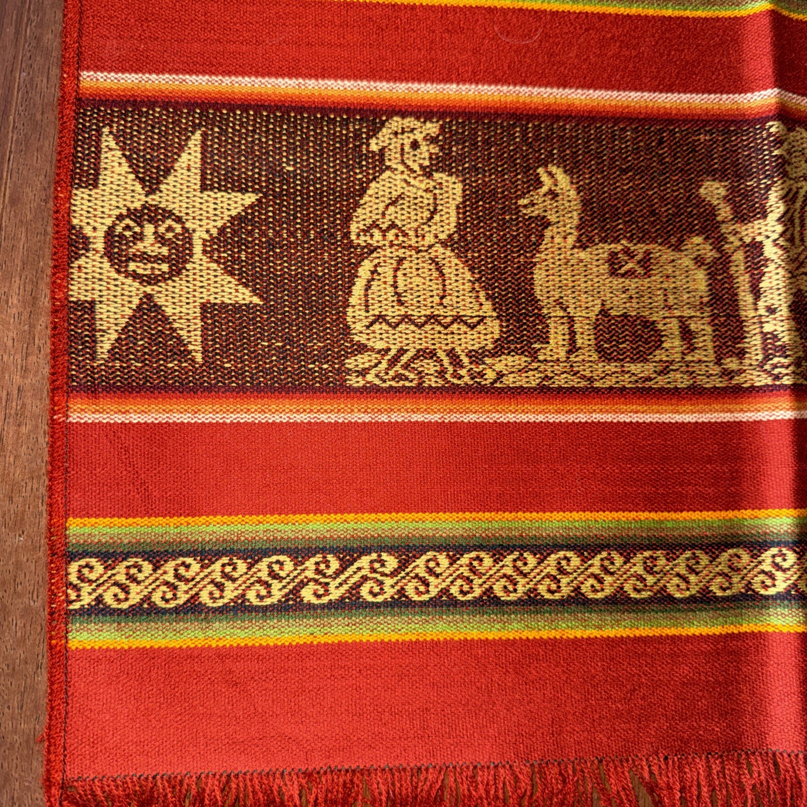 Andean Peruvian Handmade Textile Table Runner, Scarf 20X 66”, Alpacas Rust Red