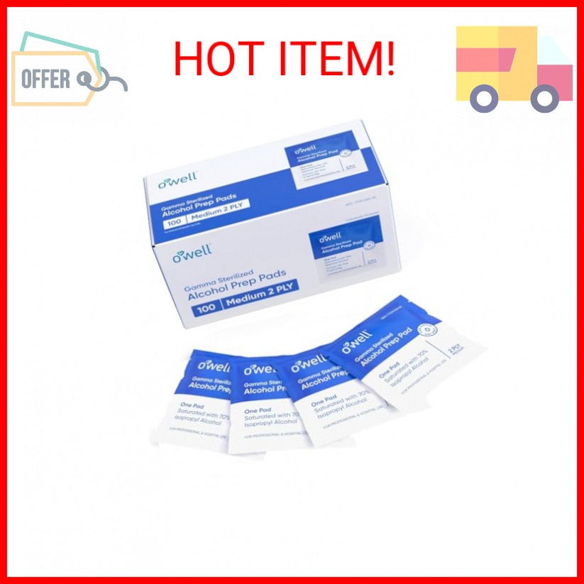 OWELL Prep Pads - 100 Individually Wrapped Sterile Alcohol Wipes, Medium 2-Ply A